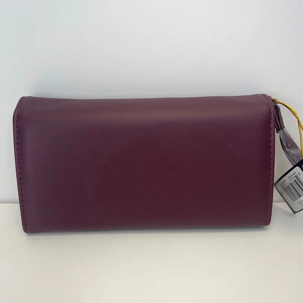 BEBE Louisa Trifold Wallet Multi Slots Embossed Logo Wristlet Clutch Purple NEW